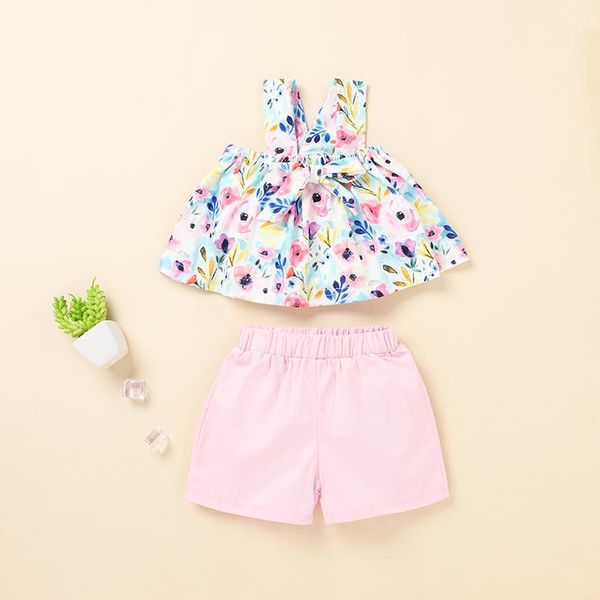 Neonate Bambini Vestiti estivi 2 pezzi Set Dolce floreale Canotta Canotta Pantaloncini rosa Bambini Toddler Outfit 3M-3Y Abbigliamento