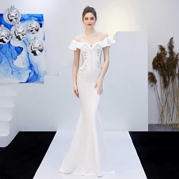 

luxury evening dress 16268# toast bride long red one shoulder thank you banquet slim fitting fishtail skirt wedding evening female, Black;gray