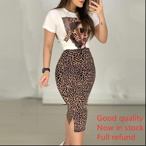

slit skirt set print womens dresses short sleeve amp leopard style clothing length pant cm closure type, White