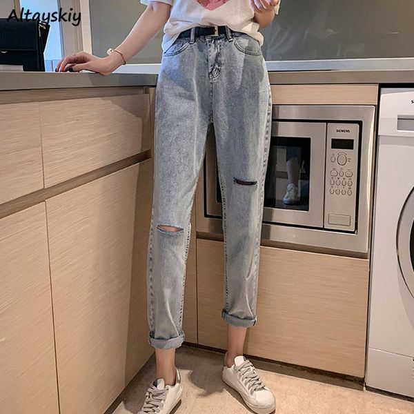 

jeans women harajuku denim trouser fashion students all-match high waisted female cozy mujer de moda hole ankle-length hipster women's, Blue