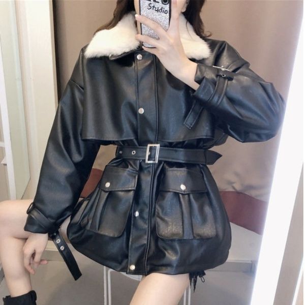 

leather women's middle and long winter 2021 new korean loose cotton plush thickened locomotive pu leather et, Black;brown