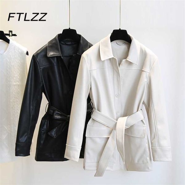 

women medium long leather jacket spring autumn sleeve single-breasted white streetwear faux coats outwear 210525, Black