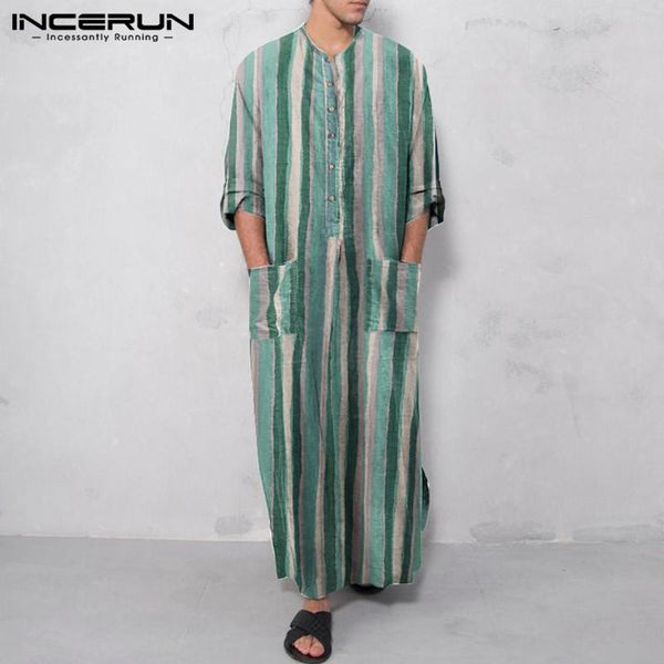 

men saudi style striped jubba thobe pockets abaya muslim kaftan robe long sleeve v neck islamic arabic clothing 5xl incerun ethnic, Red