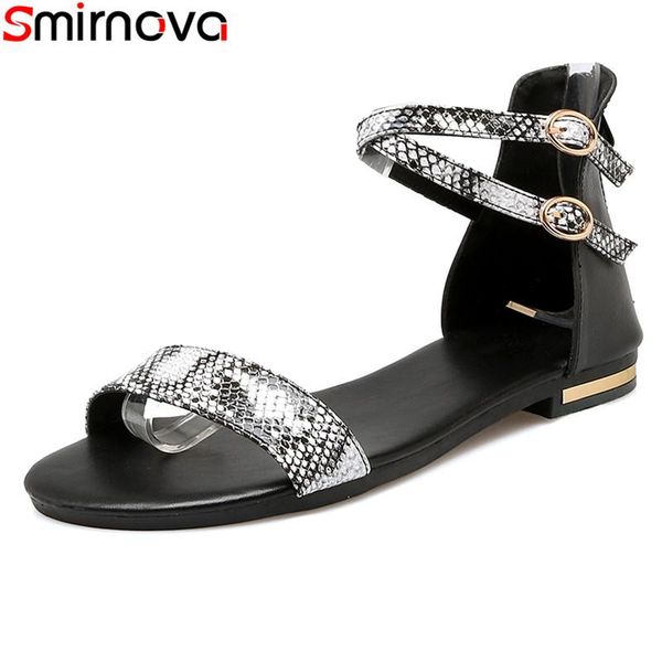 

smirnova summer fashion leisure beach shoes genuine leather mixed colors ankle strap flat heel women sandals, Black