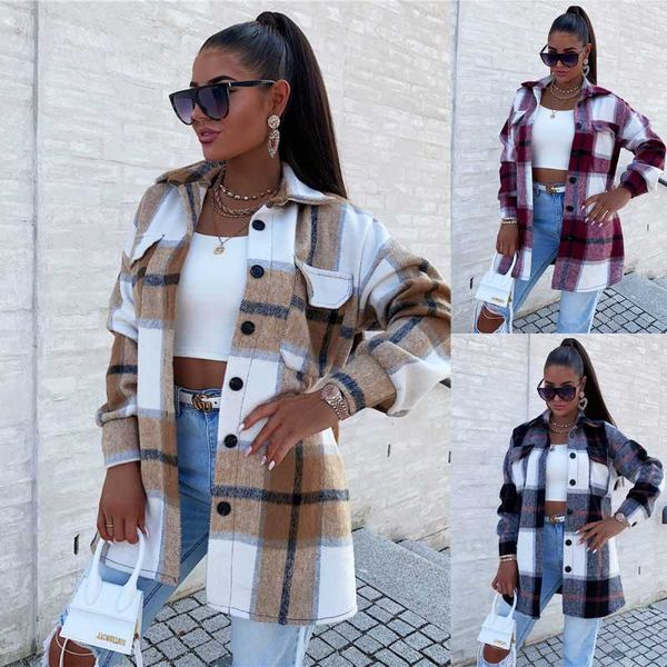 

women's jackets autumn winter 2021 women button jacket coat woolen fashion vintage plaid elegant single breasted long sleeve outerwear, Black;brown
