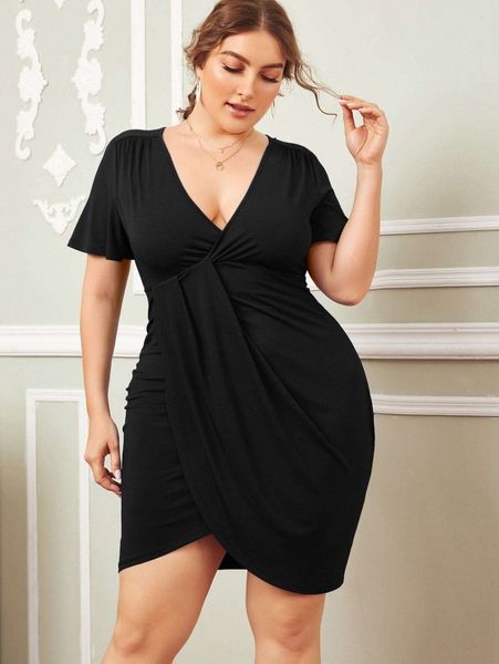 

plus butterfly sleeve draped front dress z6r8#, Black