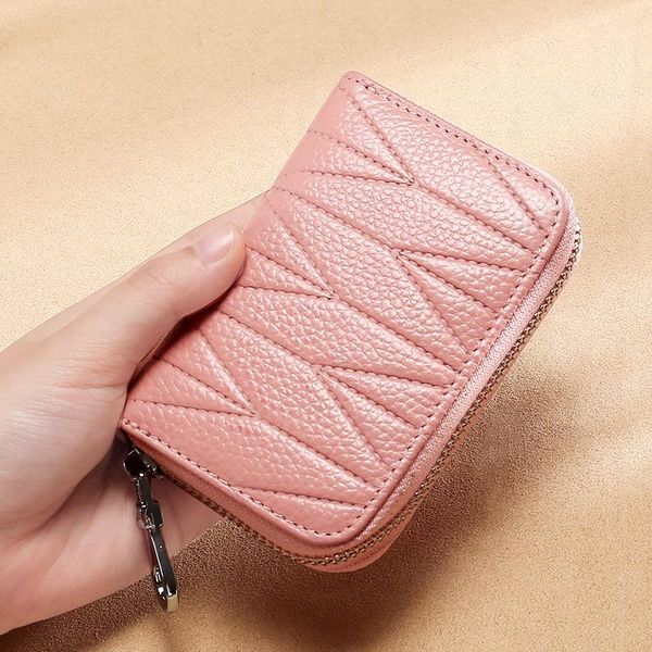 

card holders women holder genuine leather double zipper rfid id coin purse money pocket bag female cowhide wallet, Brown;gray