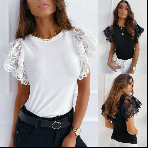 

fashion summer casual tunic women blouses lace short butterfly sleeve round neck shining black white