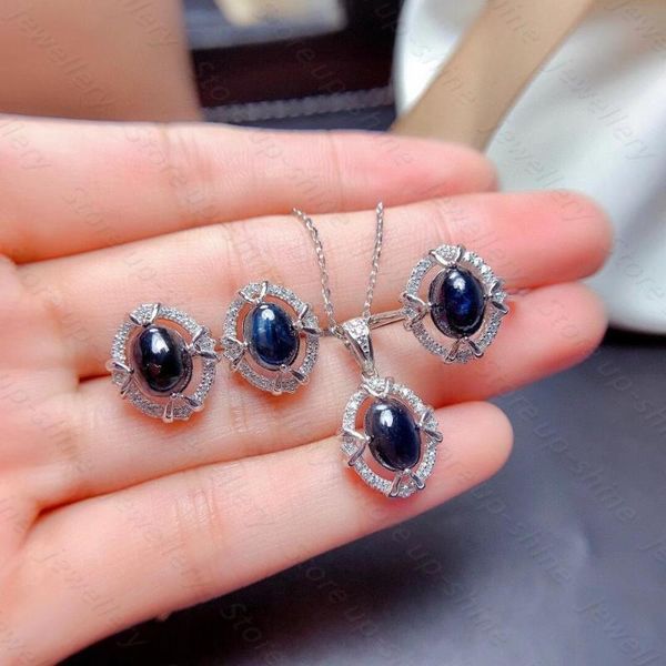 

natural sapphire ring earring pendant 925 silver women's jewelry banquet must bring elegant style cluster rings, Golden;silver