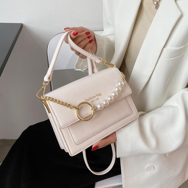 

evening bags fashion pu leather flap crossbody bag for women white chain pearls shoulder handbags and purses female designer travel