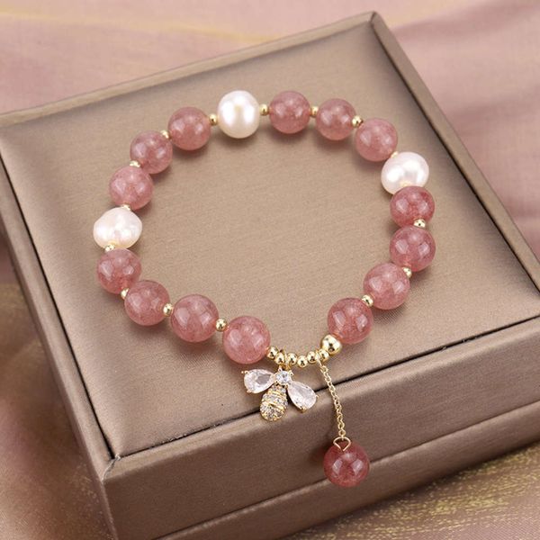 

natural stone strawberry powder crystal bracelet feminine temperament, Black