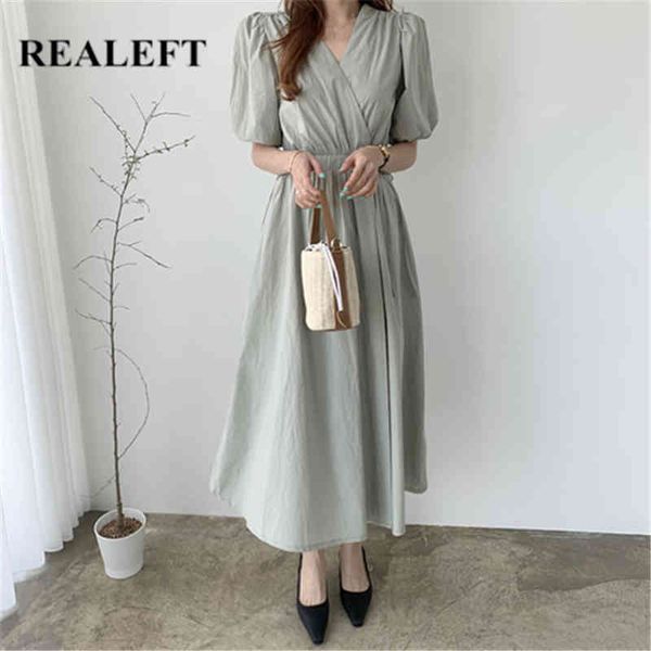 

vintage v neck high waist women's casual dresses elegant bubble sleeve lace up waistband a-line midi dress female 210428, Black;gray