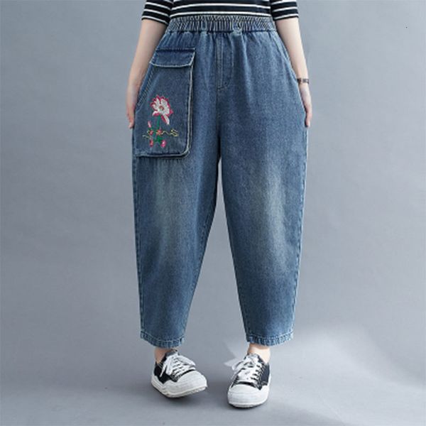 

women's jeans autumn arts style women elastic waist loose blue big pocket vintage embroidery denim harem pants plus size s51 3a7w
