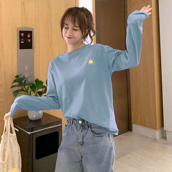 

women's t-shirt women o-neck weather pattern embroidery long-sleeved autumn korean camiseta mujer, White