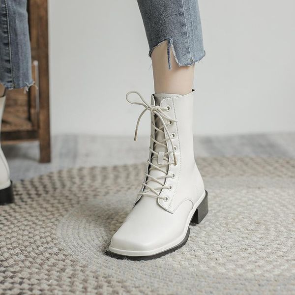 

boots inner leather short women's autumn and winter style square toe thick heel side zipper, Black