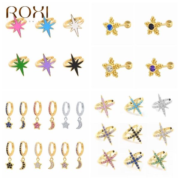 

hoop & huggie roxi 925 sterling silver colorful zircon star earrings for women enamel clip pendientes cartilage jackets jewelry, Golden;silver