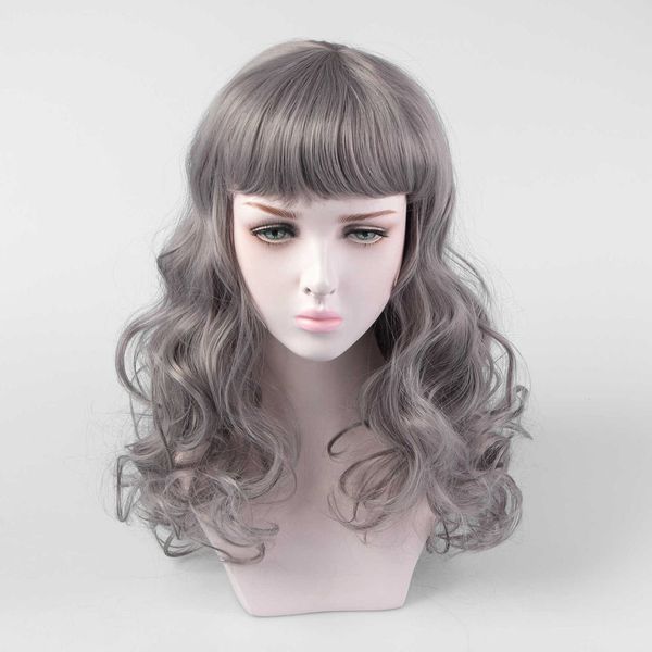 

wig female natural matte high temperature silk qi bangs gray long curly hair, Black