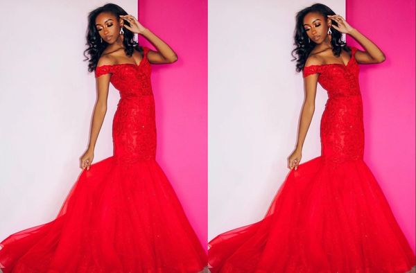 

modest red v neck off shoulder evening prom dresses mermaid with cap short sleeves lace bodice tulle backless party cocktail dress, Black;red
