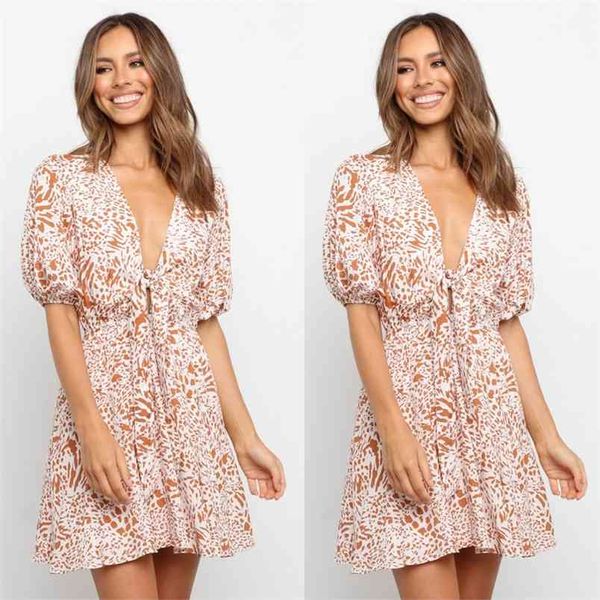 

summer lady deep v neck lace-up short sleeve leopard print dress women fashion ruffle a-line mini femme robe 210517, Black;gray