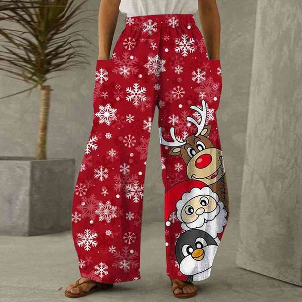 

christmas loose pockets casual bottoms womens capris trousers wide straight leg sweatpants high waist sports female, Black;white