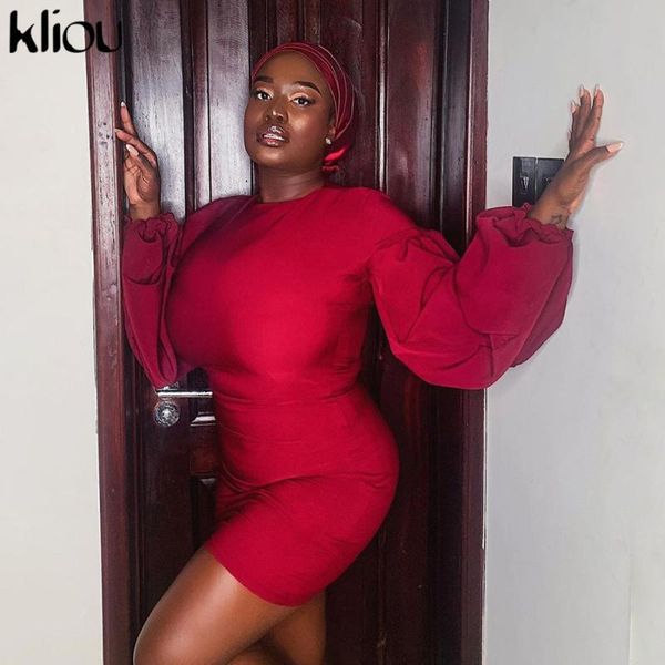 

kliou solid skinny women bodycon mini dresses puff long sleeve o-neck 2021 fashion streetwear party dress female slim casual, Black;gray