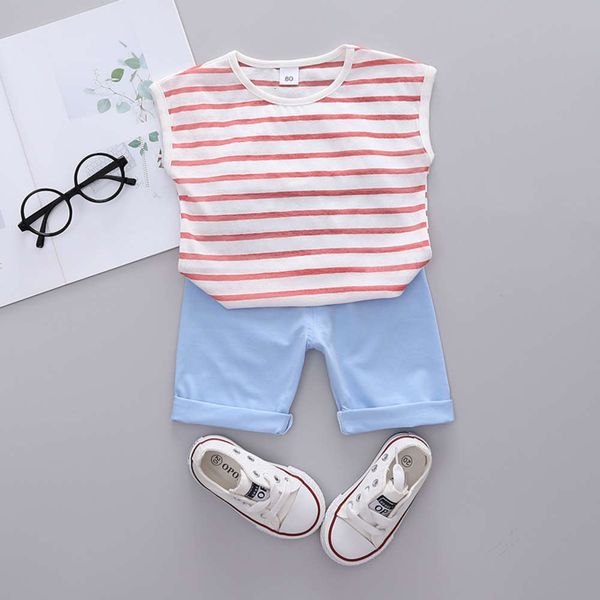

boys and girls suits children's wear children's summer cotton full print stripe short sleeve suit men's and women's, White