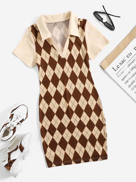 

argyle print dress 19p7#, Black;gray