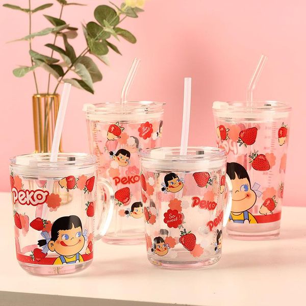 

wine glasses household cartoon glass cup seal with cover water children's milk scale straw handle