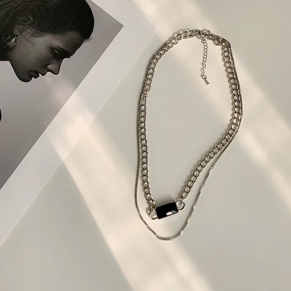 

vintage punk chain choker necklaces for women stainless steel metal curb cuban geometric pendant clavicle necklace jewelry chains, Silver