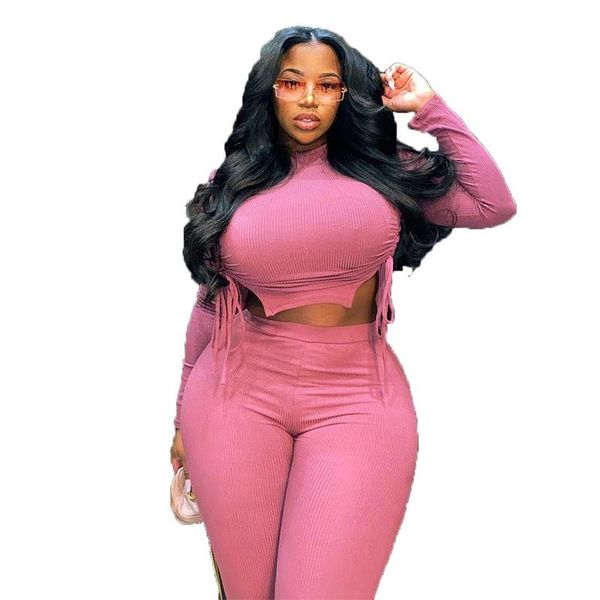 

plus size tracksuits haoohu women clothing ribbed long sleeve crop and pants sets bodycon ladies 2 piece outfits urban casual 2021, Black