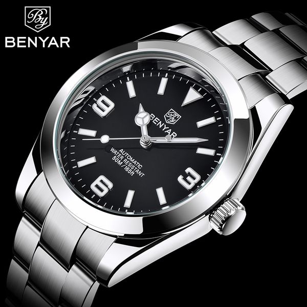 

2021 benyar mechanical gentlemen clock business men fire luxury automatic waterproof stainless steel, Slivery;brown