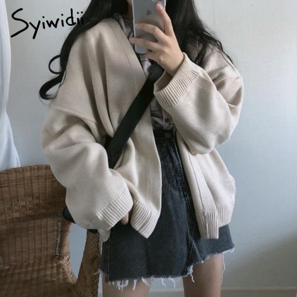 

women's knits & tees syiwidii women sweaters autumn winter 2021 cardigan long sleeve v-neck loose casual knitted jacket korean clothing, White