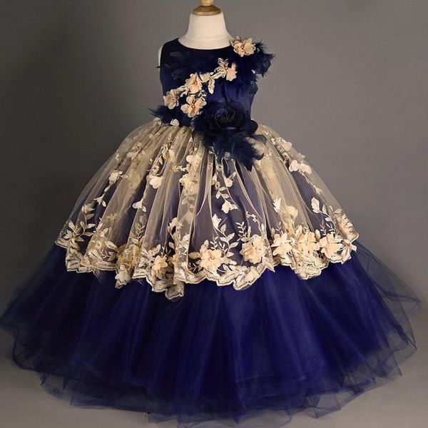 

girl's dresses latest cute flower girl ball gown jewel neck lace 3d floral appliqued feather birthday party kids girls pageant gowns, Red;yellow
