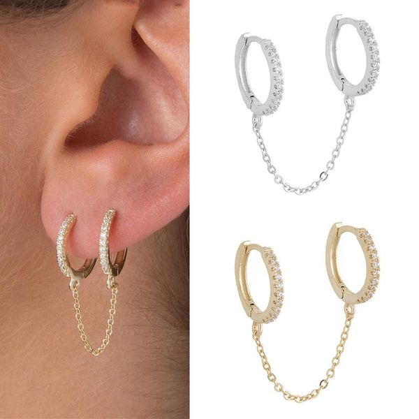 

hoop & huggie huitan single simple mini circle link chain women earrings personality shiny cz female daily earring fancy gifts fashion jewel, Golden;silver