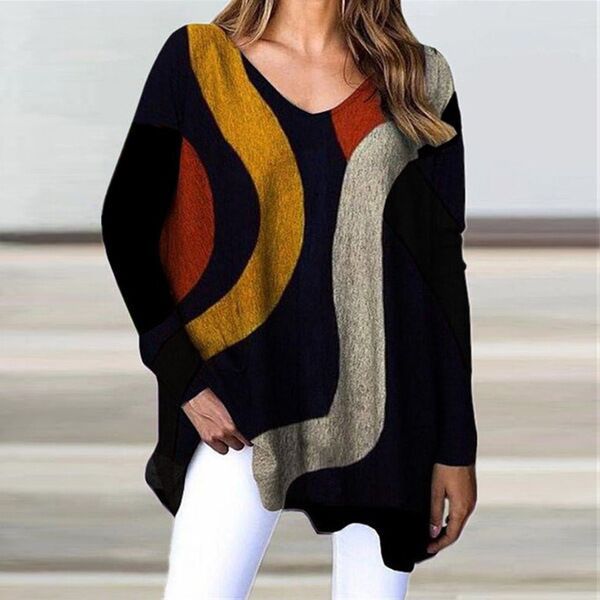 

knits spring elegant irregular v neck blouse shirts women vintage print long sleeve pullover female casual loose blusa igef smom, White