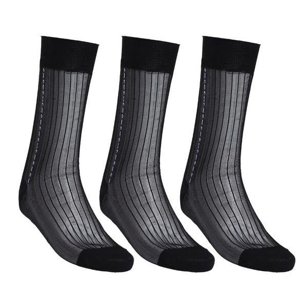 

men's socks 3 pairs mens over the calf striped jacquard sheer silk summer elasticity casual stockings breathable males fashion, Black