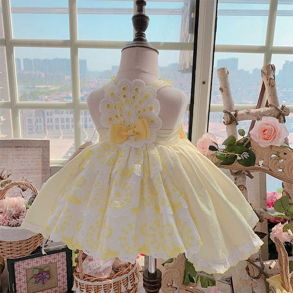 0-6Y verão vintage amarelo laço princesa espanhol lolita peru bola vestido arco sem mangas de aniversário vestido de festa de aniversário para meninas bonitos q0716