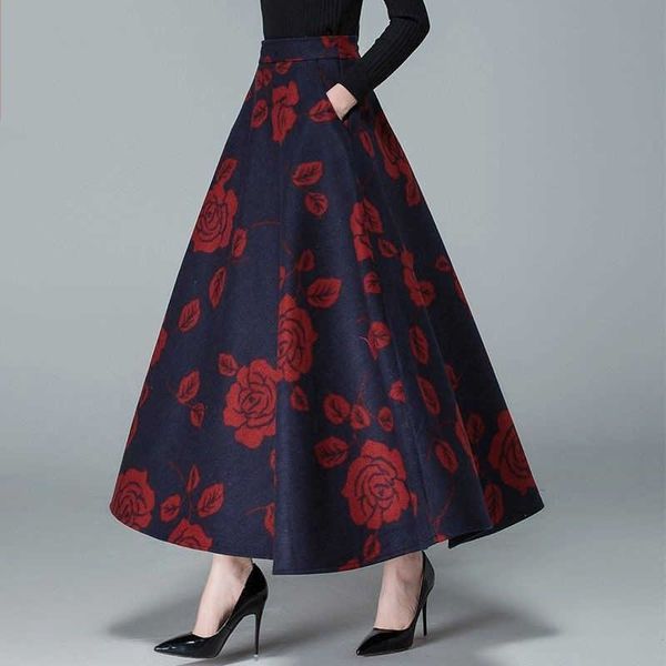 

mom plus size vintage high waist woolen skirts spring winter fashion women maxi skirts female casual office long streetwear 210619, Black