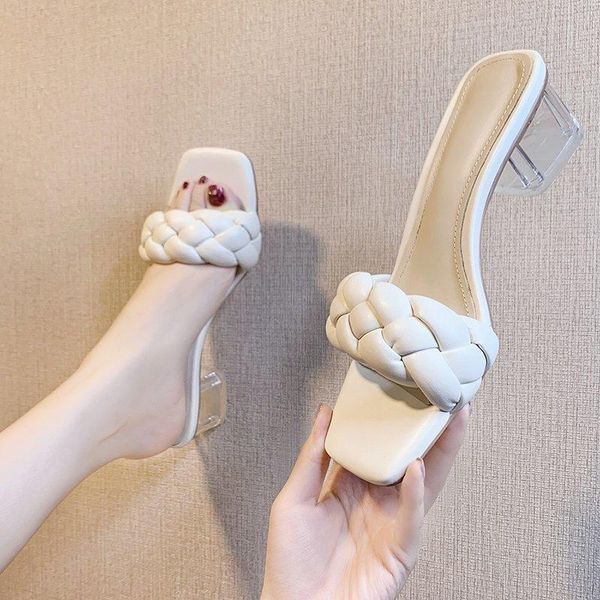 

dress shoes transparent high heels ladies woman slippers summer square heel weave toe leather, Black