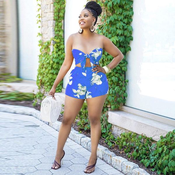 

women's tracksuits floral print summer two piece matching set for women bow tie strapless slim fit crop biker short vintage outfits, Gray