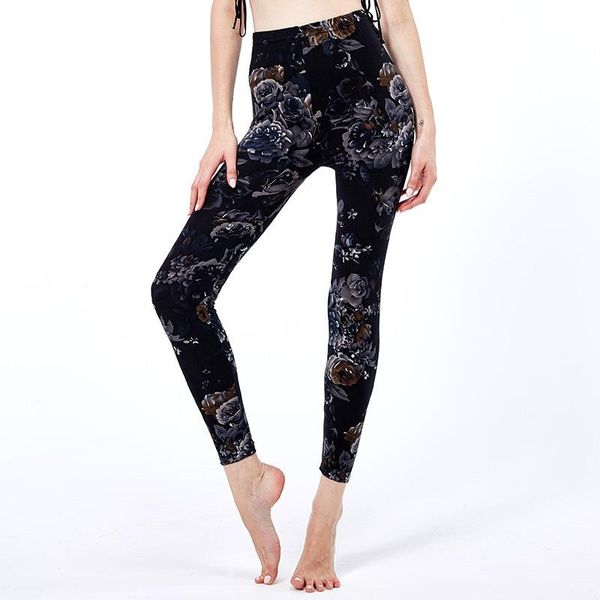 

women's leggings 2021 summer rose printed ankle-length pants milk silk fitness running leisure sports ccothing, Black