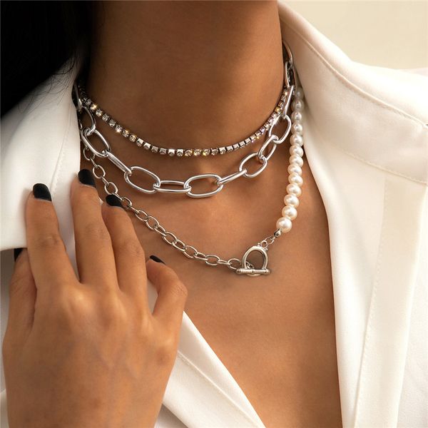 

european retro baroque imitation pearl chains multi layer fashion diamond necklaces for women geometric alloy beads chain ornaments accessor, Silver