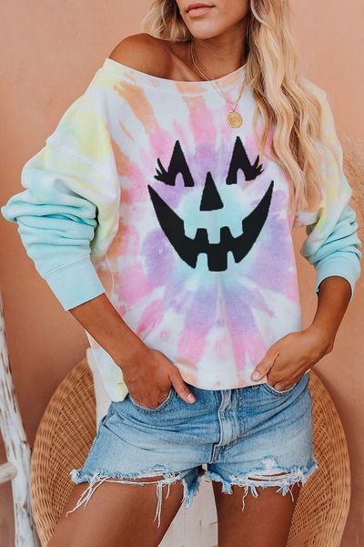 

halloween sweatshirt pumpkin skull witch print casual oblique collar plus size women, Black
