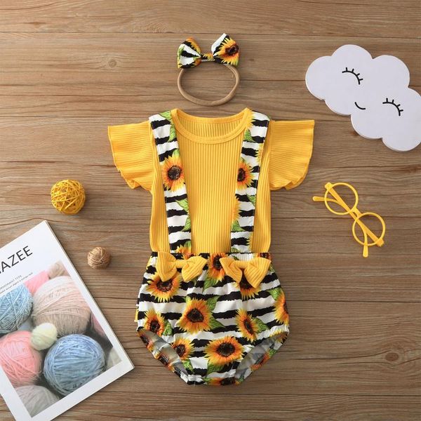 

clothing sets toddler baby girls ribbed solid +sunflower suspender shorts+headbands vestidos de verano dziewczyna zestawy, White