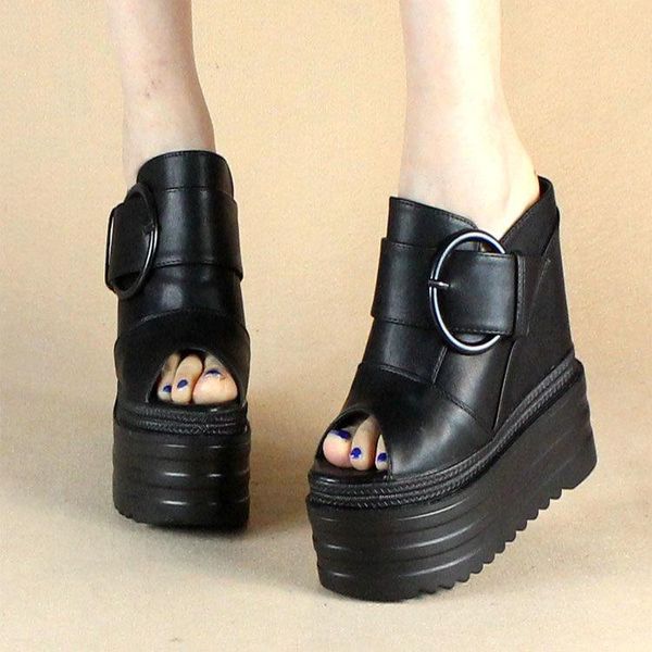 

slippers 2021 women's summer word outside wearing waterproof table 13cm ultra-high heeled thick-soled muffin shoes slope heel sandals, Black