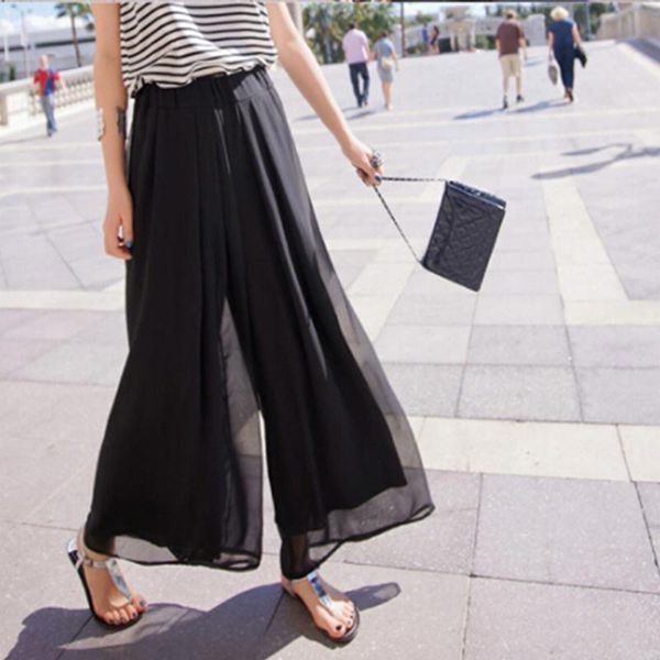 

summer women wide leg pants fashion high waist elegant skirt female pink black chiffon loose dance women's & capris, Black;white