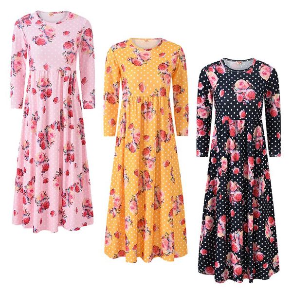 

girl's dresses 2021 girls floral maxi summer long sleeves beach dress flower printed bohemia muslim costume, Red;yellow
