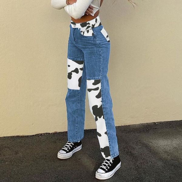 

women's jeans cow print straight for girls women vintage denim pants 2021 high waisted trouser capris streetwear, Blue