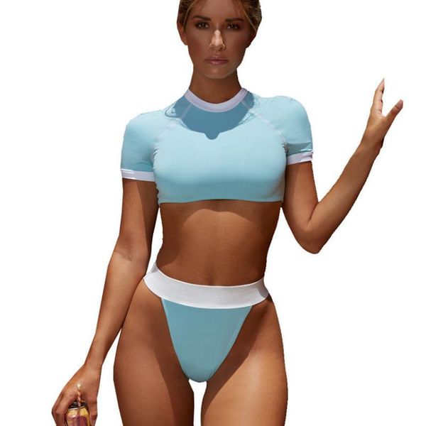 

women's swimwear high neck bikini women short sleeve swimsuit bandage cut out brazilian set print summer beach bathing suit, White;black