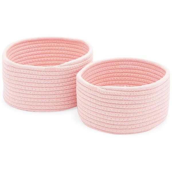 

storage baskets cotton woven for storage, pink organizers basket(2 sizes, 2 pack)